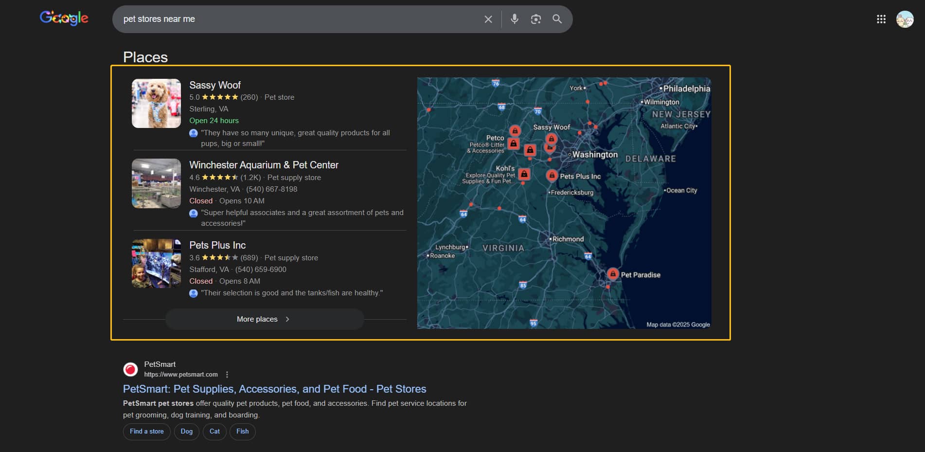 Google search results for pet stores near me displayed a map marker and a list of nearby businesses.