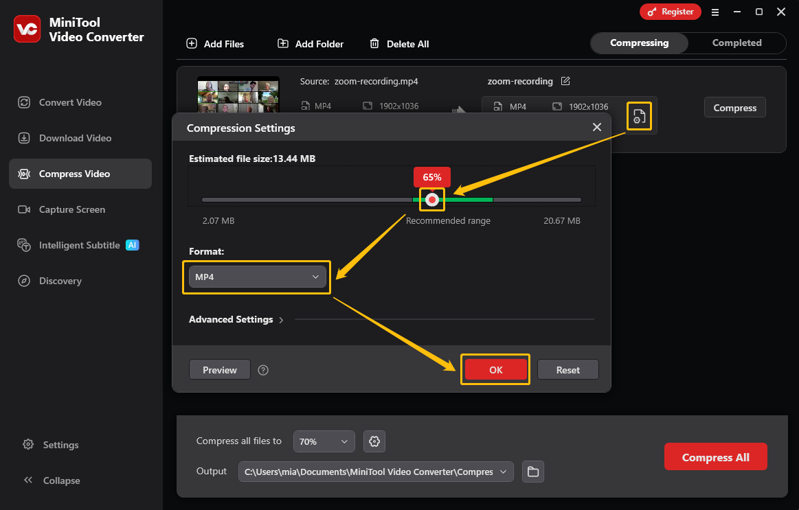 MiniTool Video Converter Compress Video interface showing how to set the compression level and choose the output format.