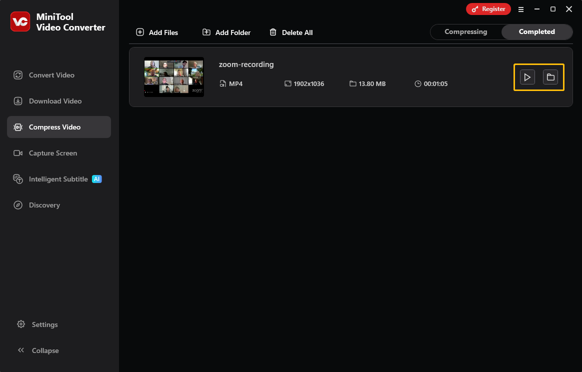 MiniTool Video Converter Compress Video interface with the play icon and the folder icon highlighted under the Completed tab.