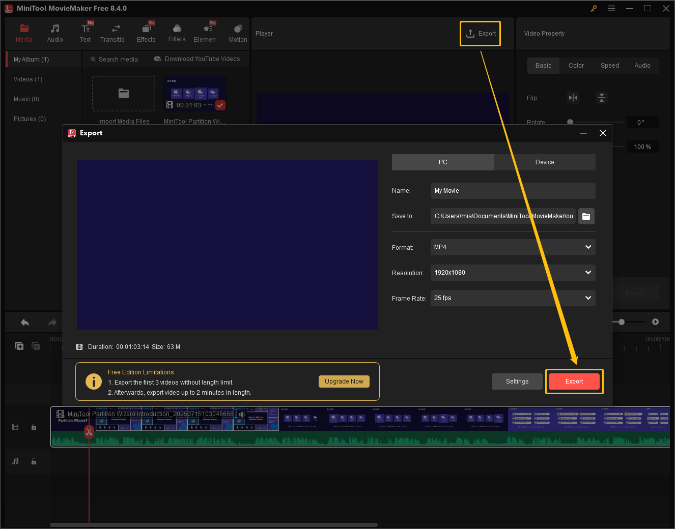 MiniTool MovieMaker Export window with the Export button highlighted.