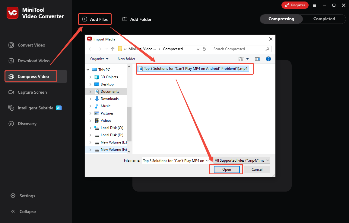 Click on Add Files or Add Folder, choose the Google Drive video you want to compress, and click on Open to import it to MiniTool Video Converter