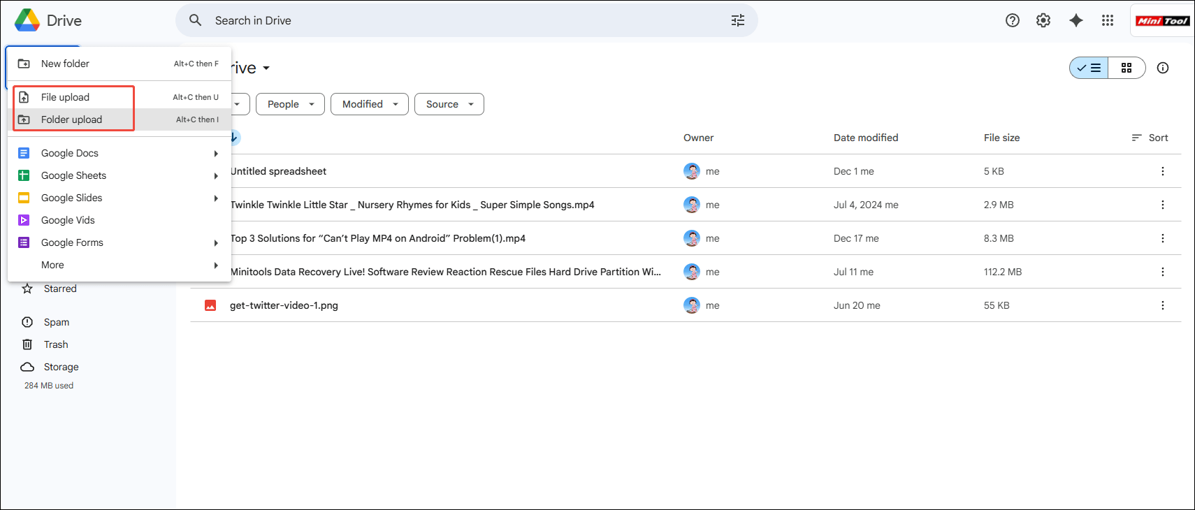 Click on + New and choose File upload or Folder upload to upload the compressed Google Drive video