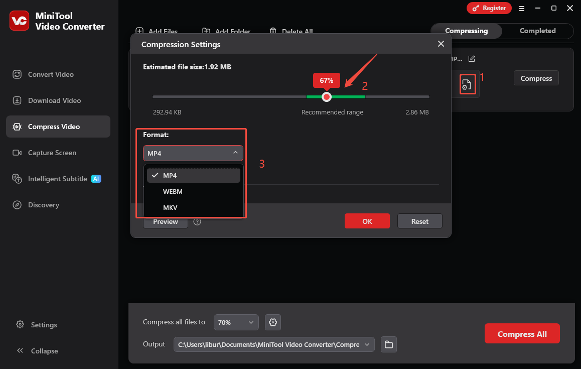 Click Settings, drag the red circle to adjust compression range, and choose the output format in MiniTool Video Converter