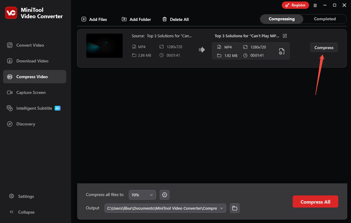 Click on Compress to start compressing the Google Drive video in MiniTool Video Converter