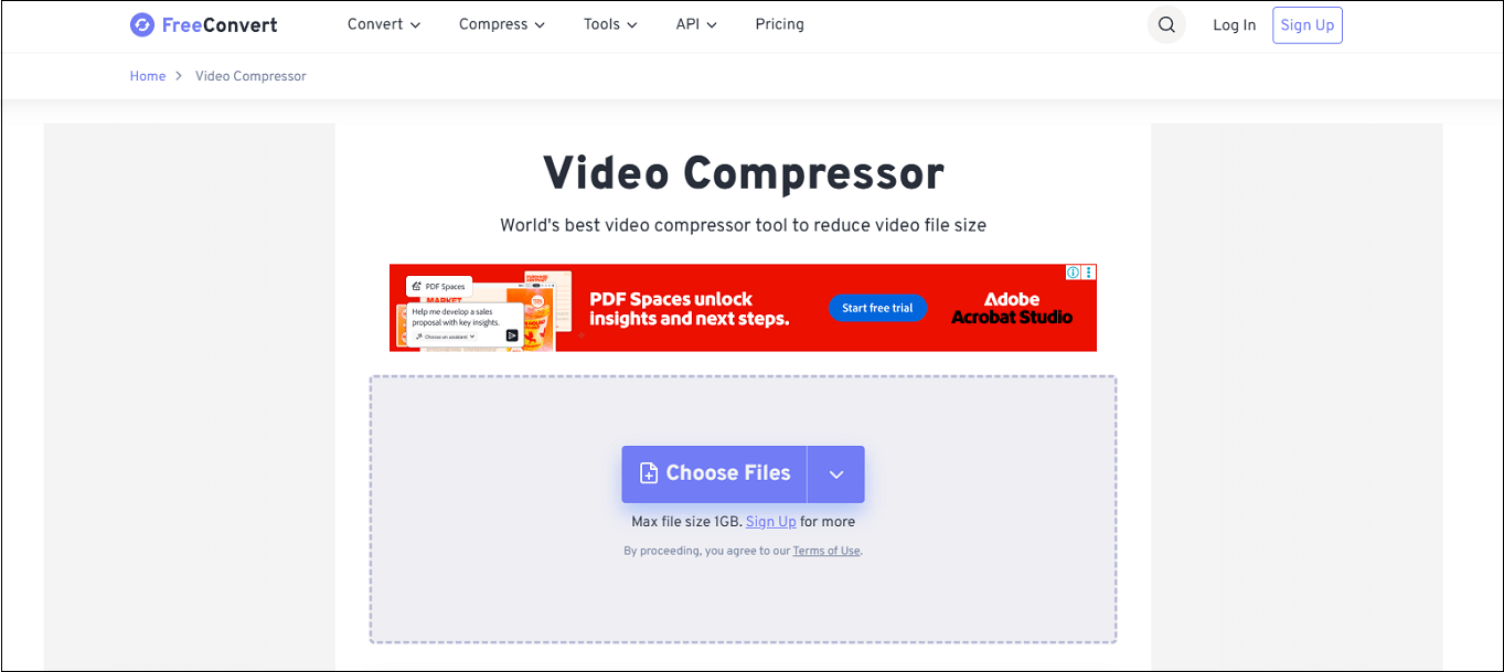 The compression interface of FreeConvert