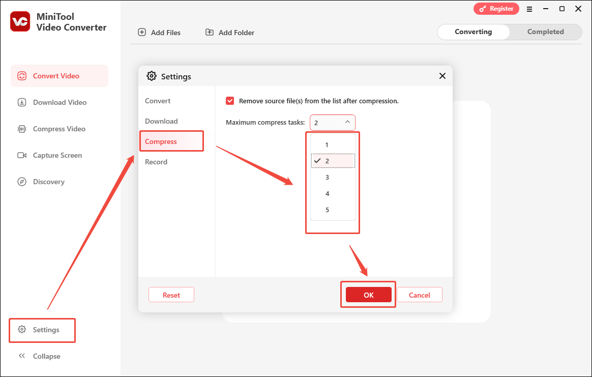 Ein Screenshot über das Ändern der Anzahl der Komprimierungsaufgaben in MiniTool Video Converter.