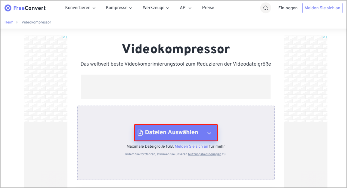 Markierung der Schaltfläche Dateien auswählen in FreeConvert.