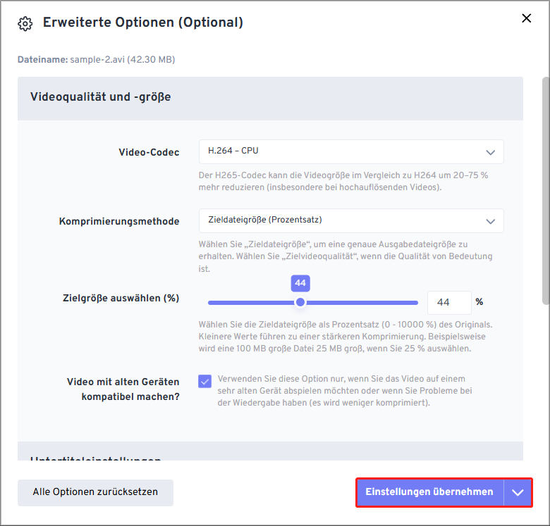 Ein Screenshot über das Konfigurieren der Komprimierungseinstellungen in FreeConvert.