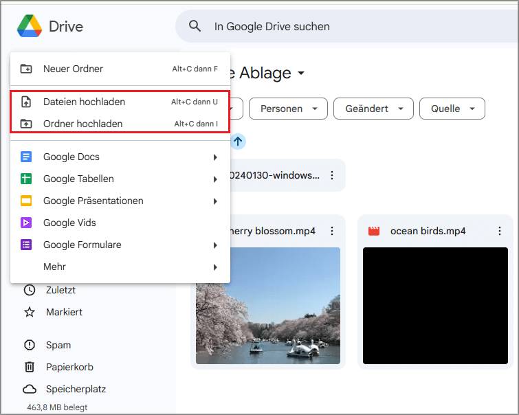Markierung der beiden Optionen Dateien hochladen und Ordner hochladen in Google Drive.