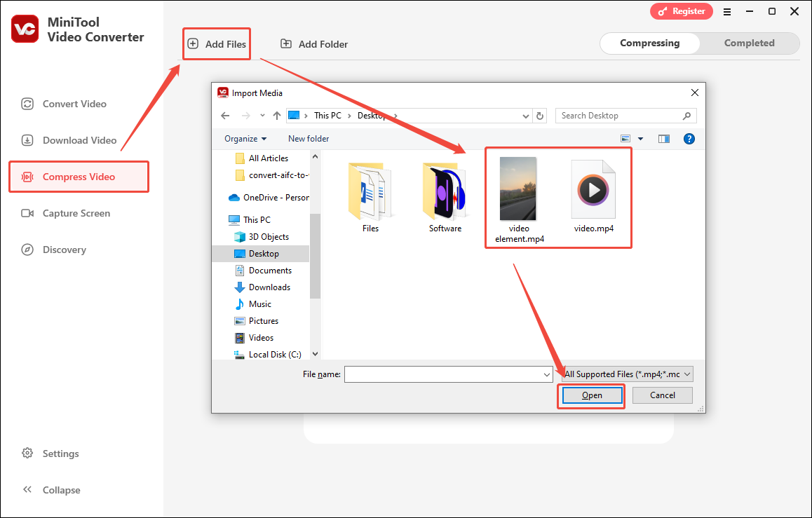 Ein Screenshot über das Hinzufügen der zu komprimierenden Videos in MiniTool Video Converter mit der Option Dateien hinzufügen.