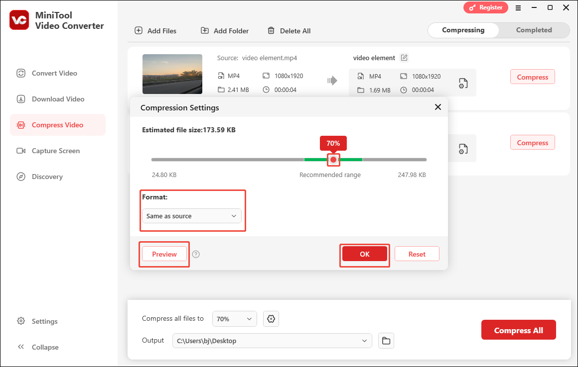 Markierungen im Fenster Komprimierungseinstellungen wie Komprimierungsprozentsatz, Ausgabeformat und Vorschau.