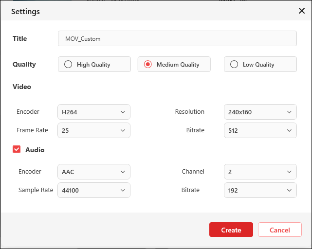 Ein Screenshot über die Anpassung verschiedener Parameter der Ausgabedatei.