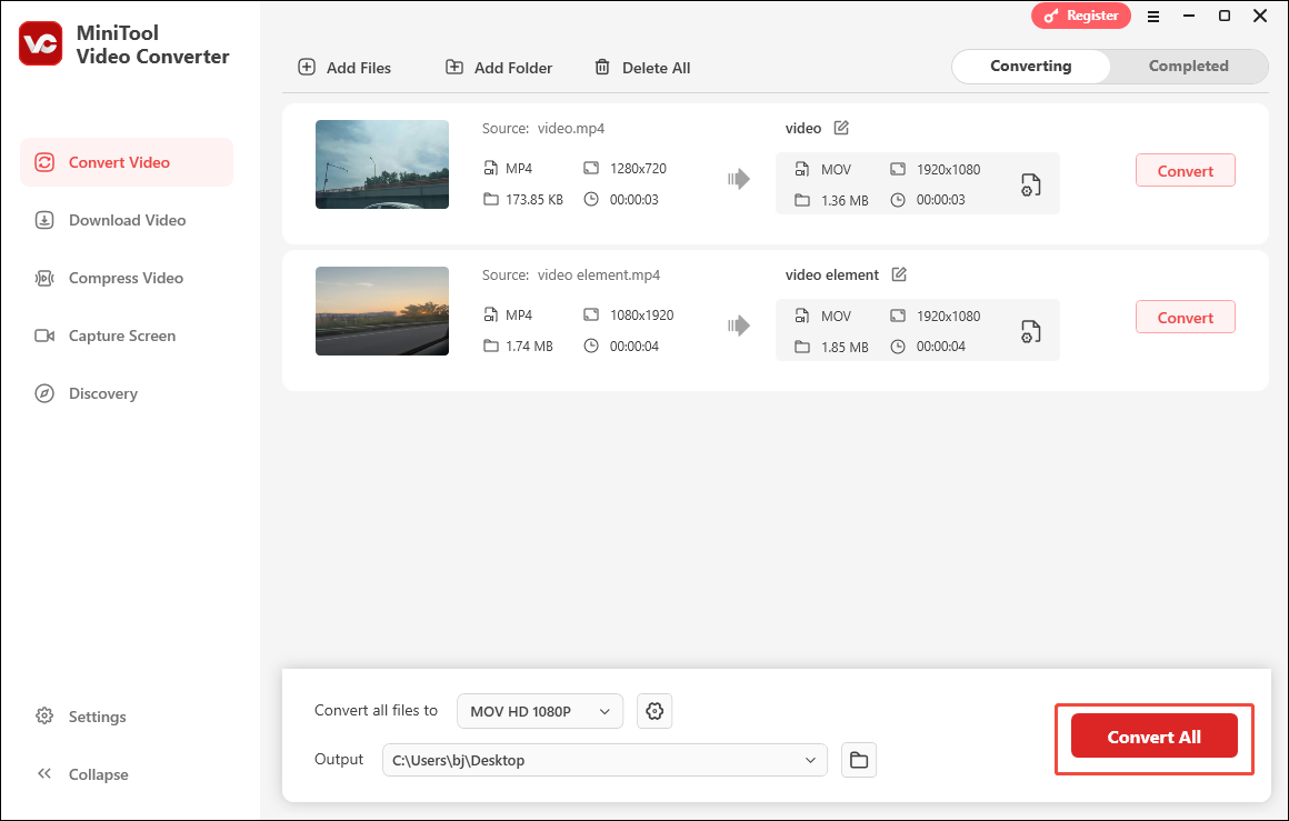 Markierung der Schaltfläche Alle konvertieren zum Start der Videokonvertierung mit MiniTool Video Converter.