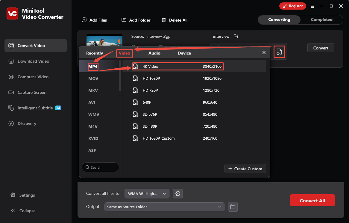 MiniTool Video Converter interface showing how to choose a format encoded with H.264 in the Convert Video tab.