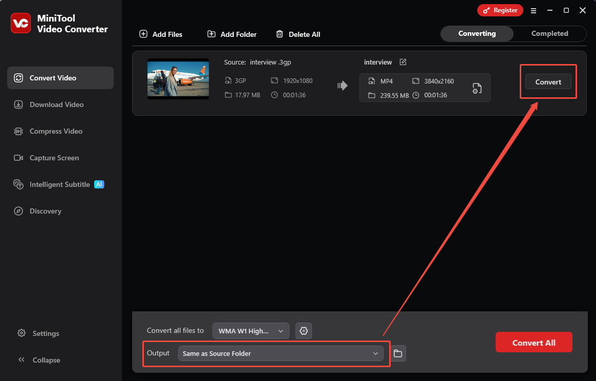 MiniTool Video Converter Convert Video tab with the Output option and the Convert button marked under the Completed tab.
