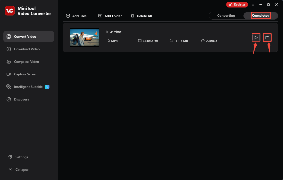 MiniTool Video Converter Convert Video tab with the Play icon and the Folder icon selected under the Completed tab.