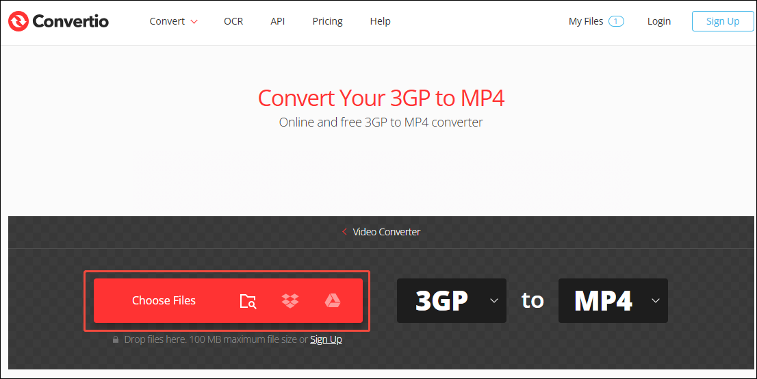 Convertio interface with the Choose Files option selected.