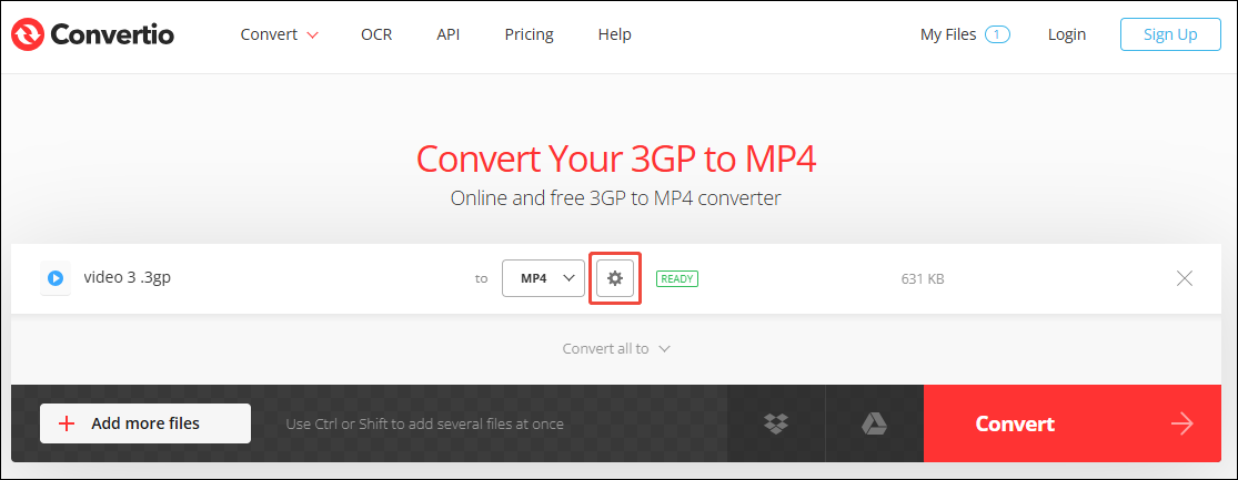 Convertio interface with the Settings icon selected.