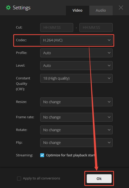 Convetio Settings window with the Codec option and the Ok button selected.