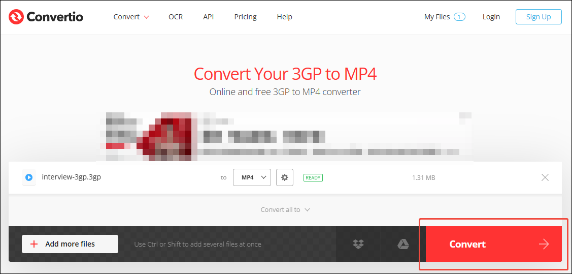 Convertio interface with the Convert button selected.