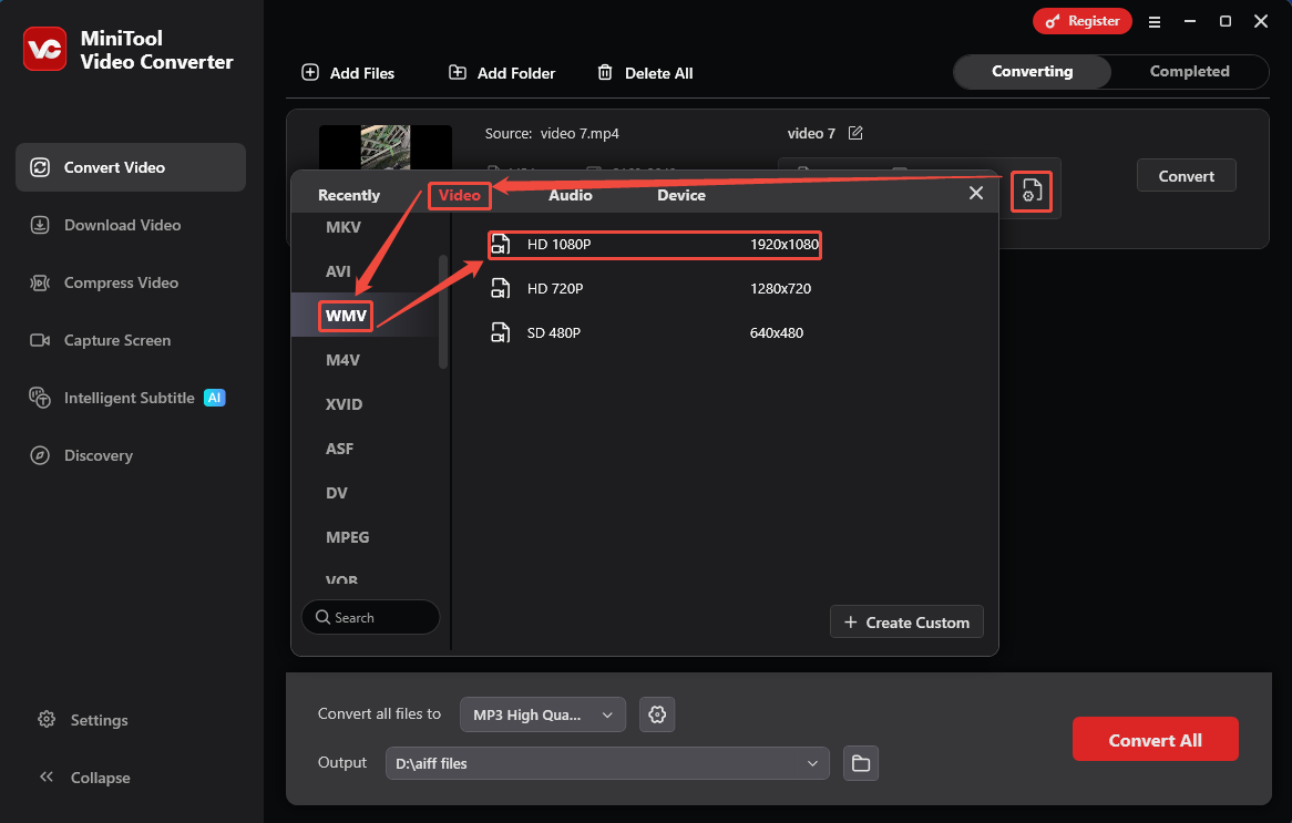 MiniTool Video Converter interface showing how to set WMV as the output format.