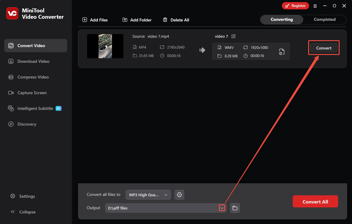 MiniTool Video Converter interface with the Convert button selected.