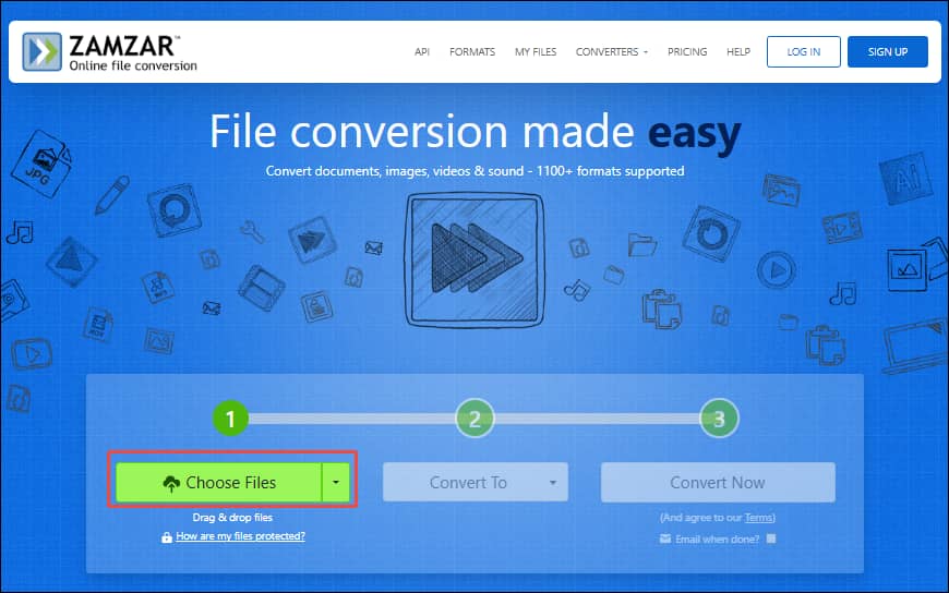 Zamzar interface with the Choose Files option selected.