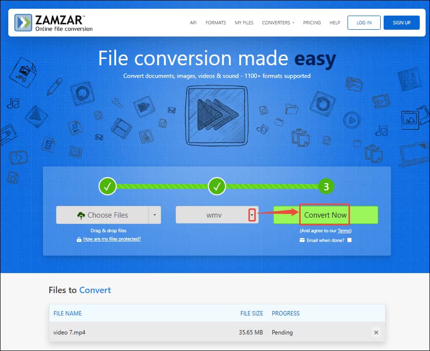 Zamzar interface with the Format option and the Converter Now button selected.