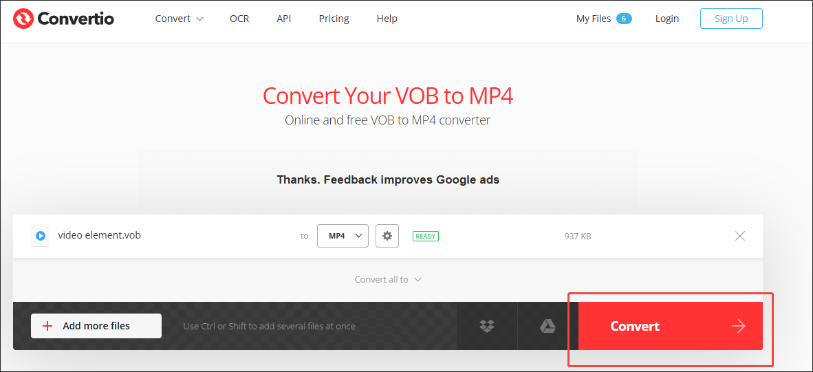 Convertio interface with the Convert button chosen.