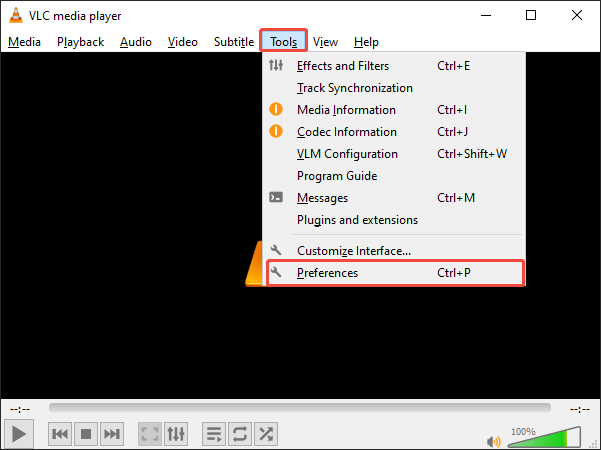 VLC interface with the Tools option expanded and the Preferences option selected.