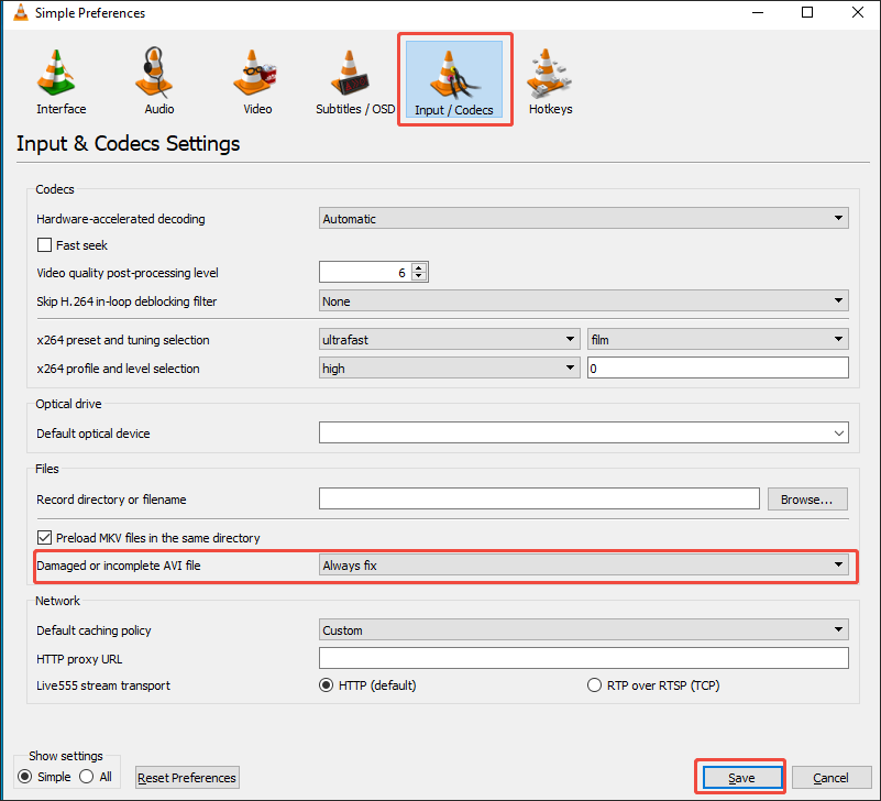 The VLC Simple Preferences window that shows how to configure the repair settings