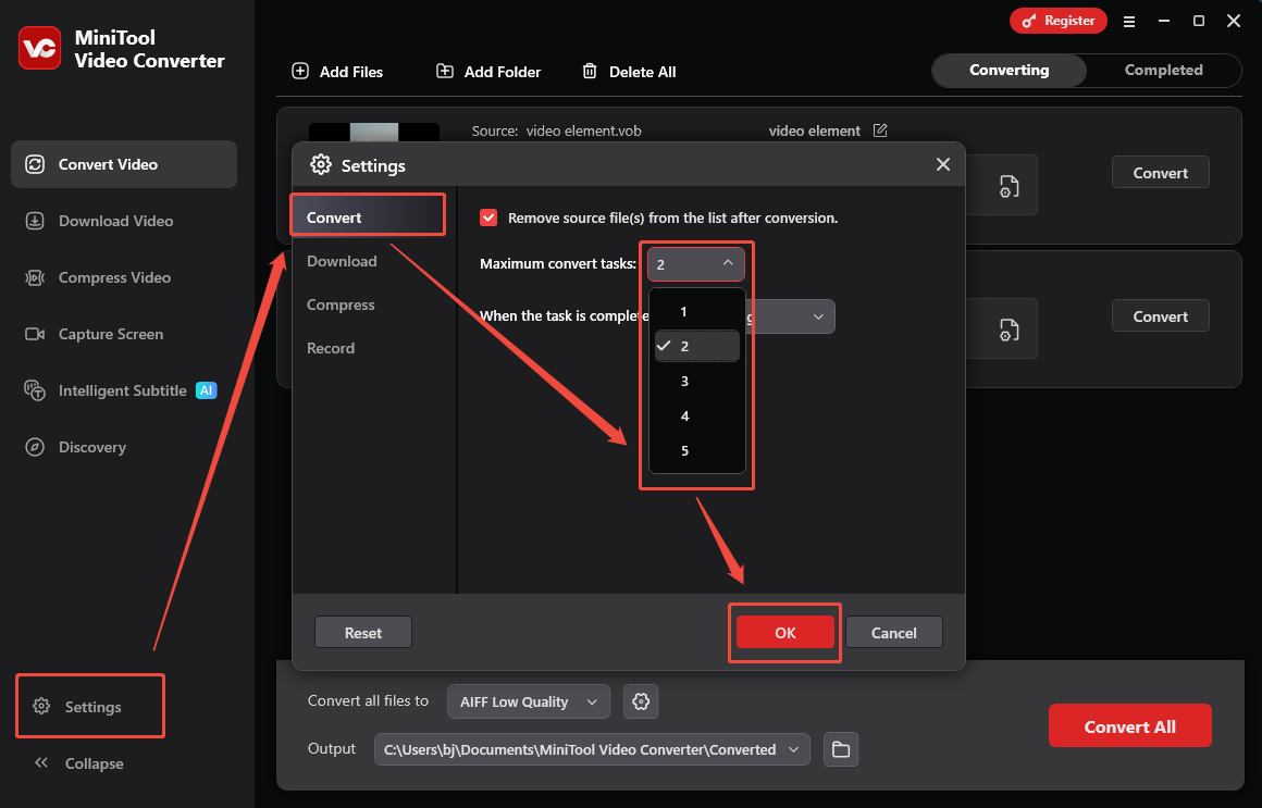 MiniTool Video Converter interface that shows how to customize the maximum conversion tasks.