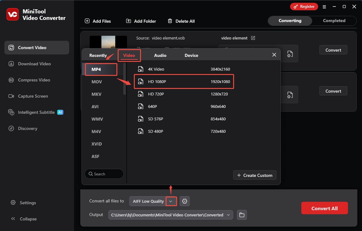 MiniTool Video Converter interface that shows how to set MP4 HD 1080P as the output format.