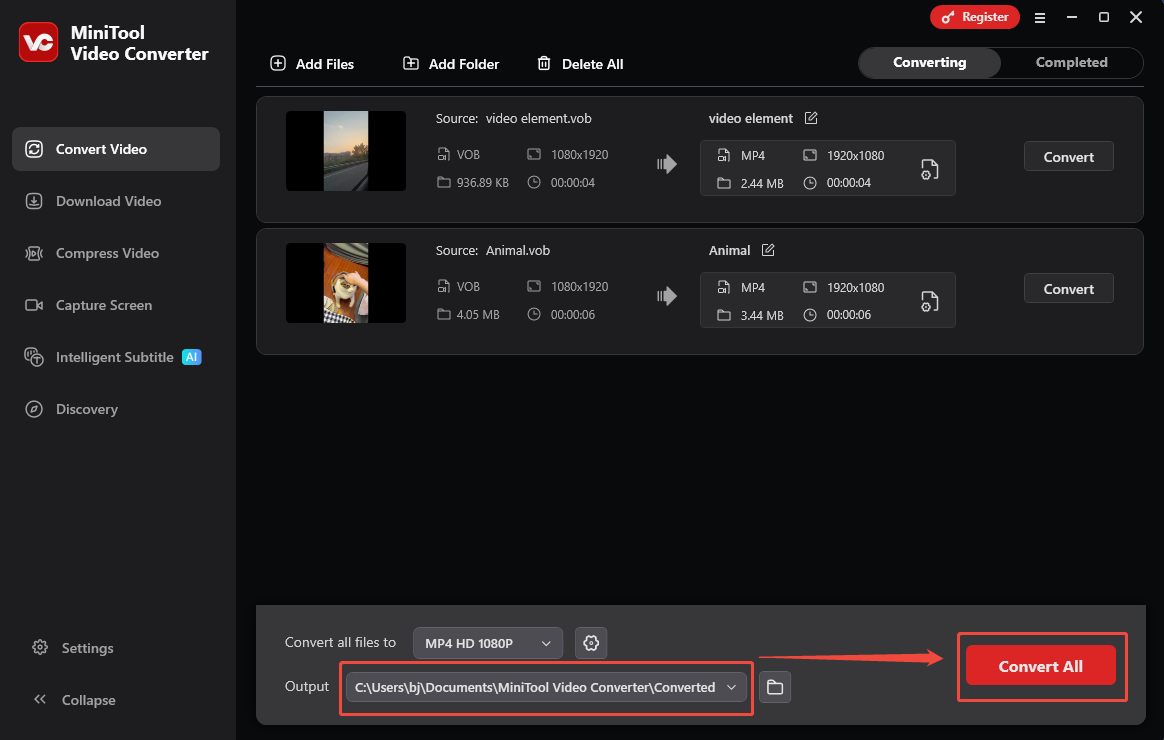 MiniTool Video Converter interface with the Output option and the Convert All button under the Converting tab clicked.