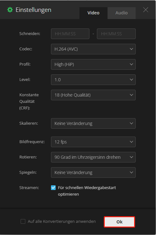 Ein Screenshot zur Anpassung der Videoparameter im geöffneten Fenster Einstellungen.