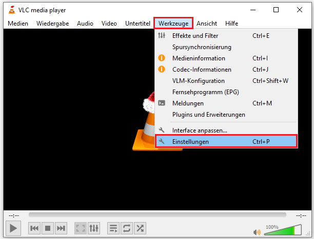 Markierung der Optionen Werkzeuge und Einstellungen in VLC.