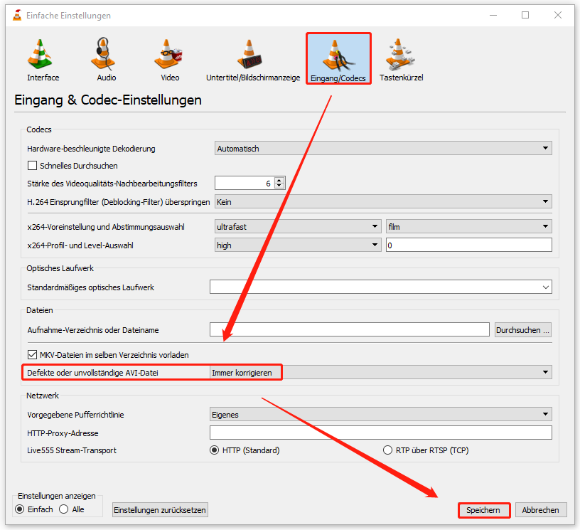 Ein Screenshot zum Konfigurieren der Reparatureinstellungen für AVI-Dateien in VLC.
