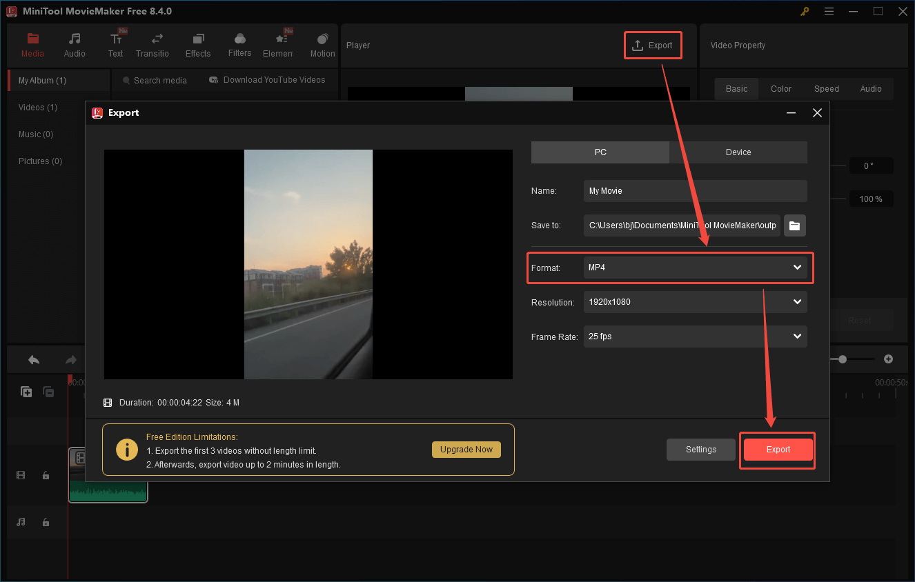 Ein Screenshot zum Öffnen des Fenster Exportieren und zum Festlegen des Ausgabeformats in MiniTool MovieMaker.