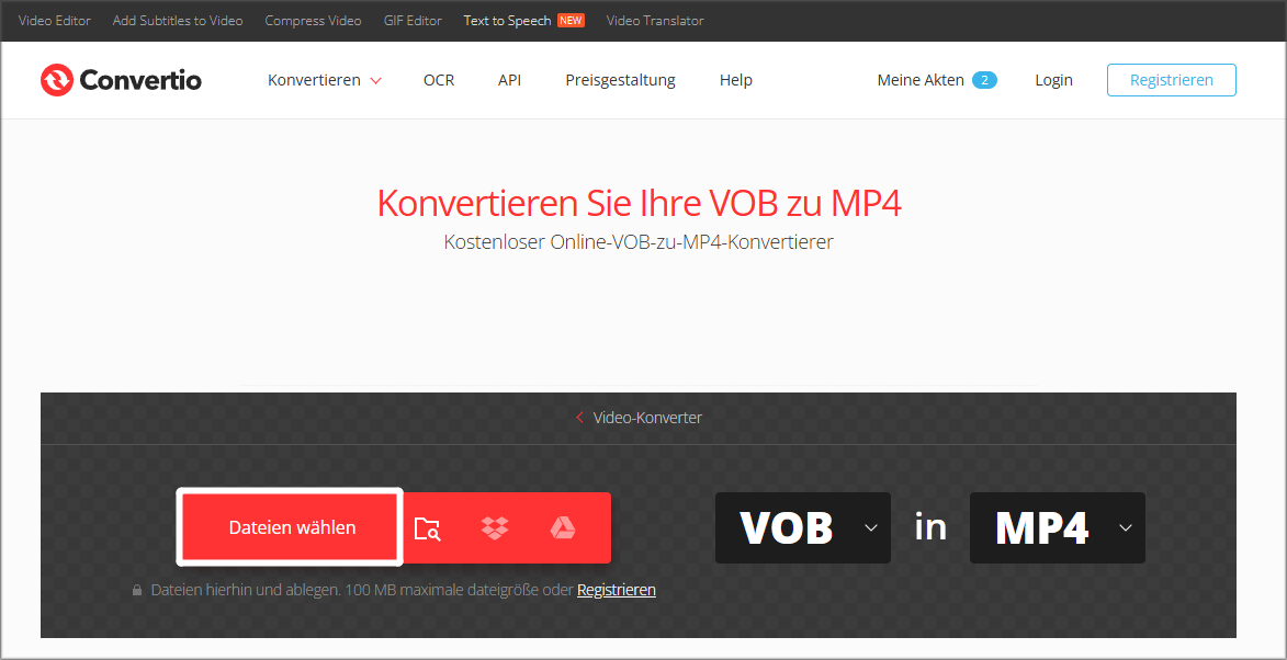 Markierung der Schaltfläche Dateien wählen bei Convertio.
