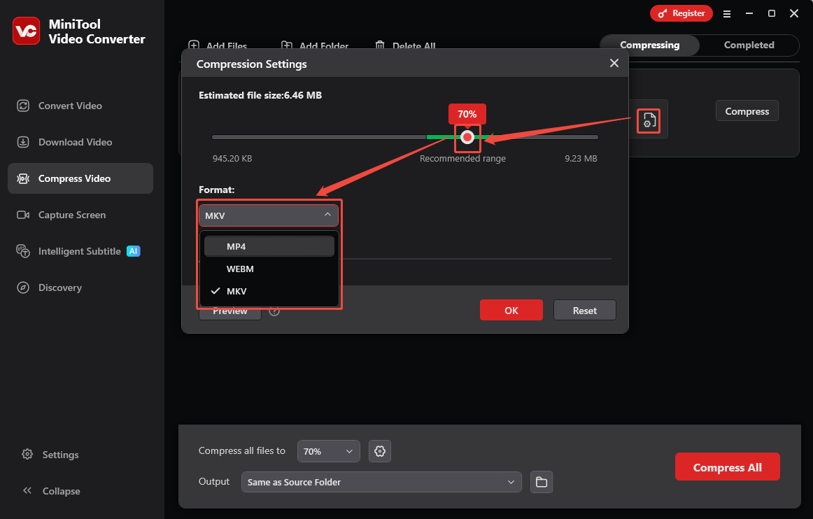 MiniTool Video Converter Compression Settings window showing how to adjust the compression level and format.