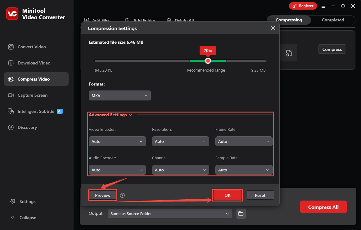 MiniTool Video Converter Compression Settings window showing how to adjust the advanced settings.
