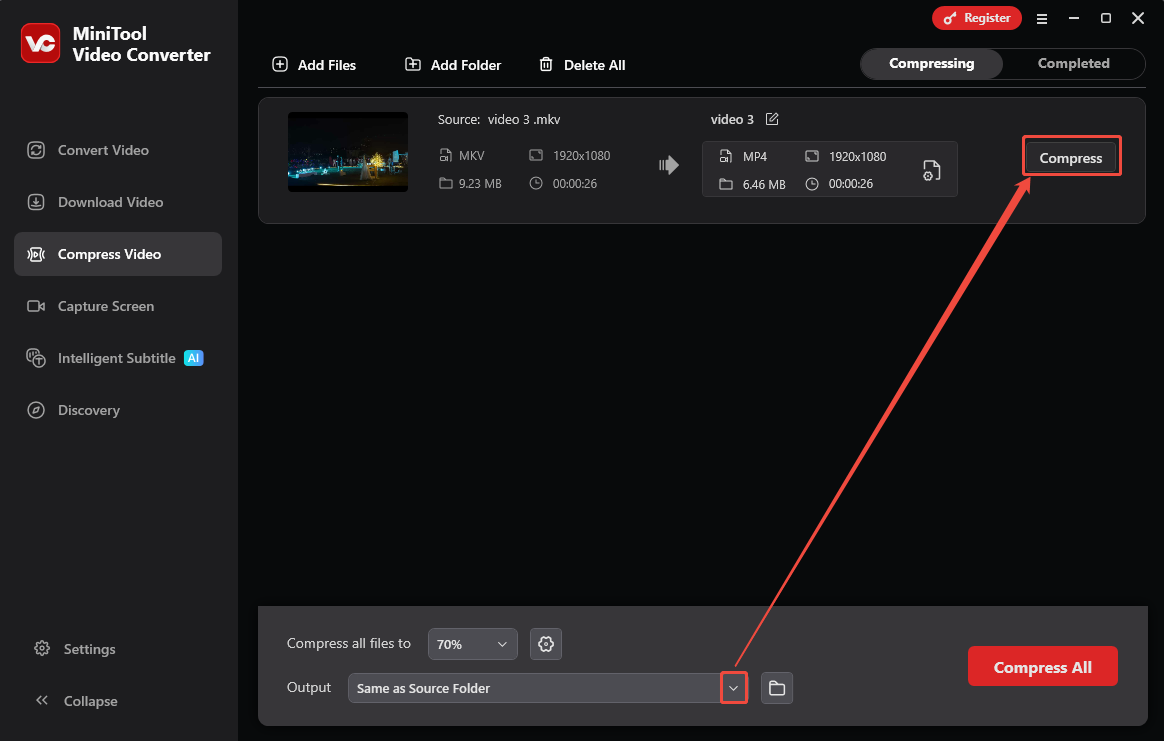 MiniTool Video Converter Compress Video tab with the Output option and the Compress button selected.