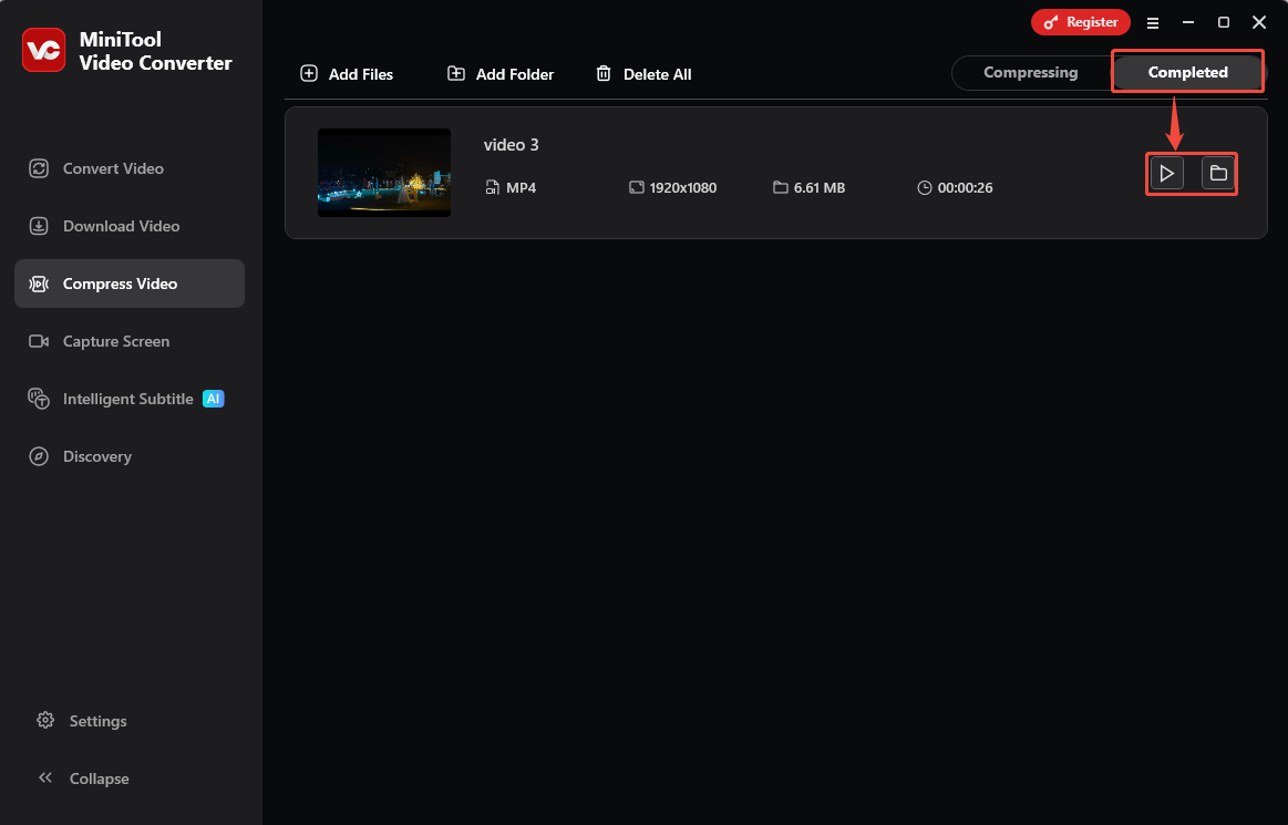 MiniTool Video Converter Completed module tab with the Play icon and the Folder icon selected.