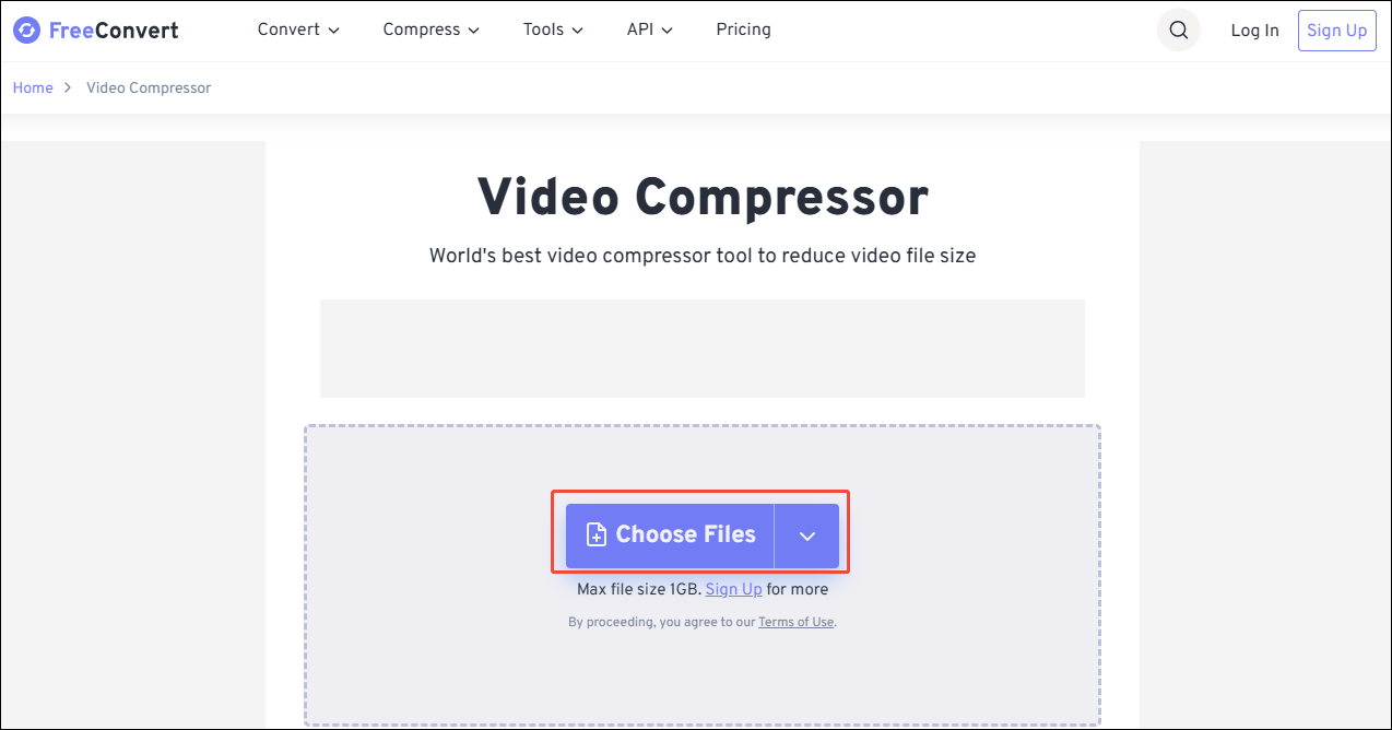 FreeConvert’s interface with the Choose Files option selected.