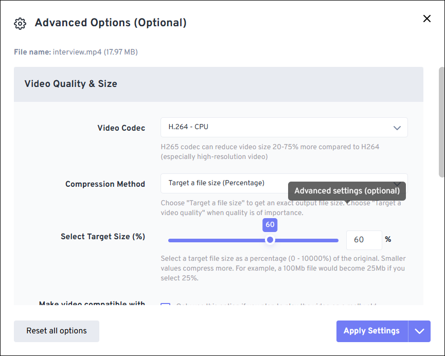 FreeConvert Advanced Option section showing how to adjust the compression percentage.
