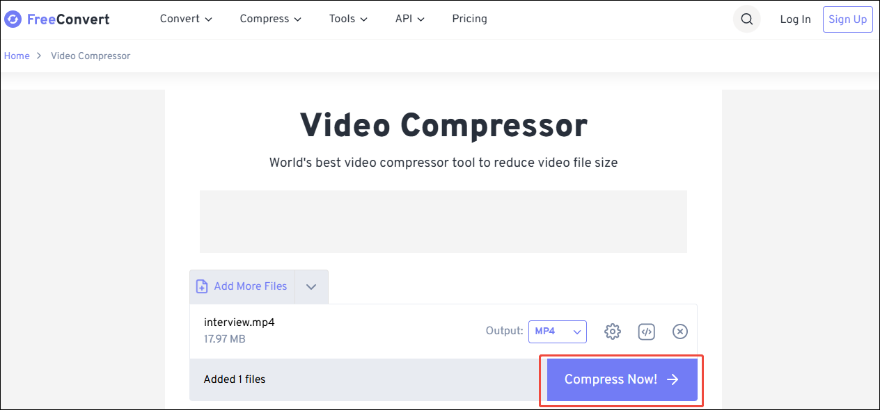 FreeConvert Video Compressor interface with the Compress Now button selected.
