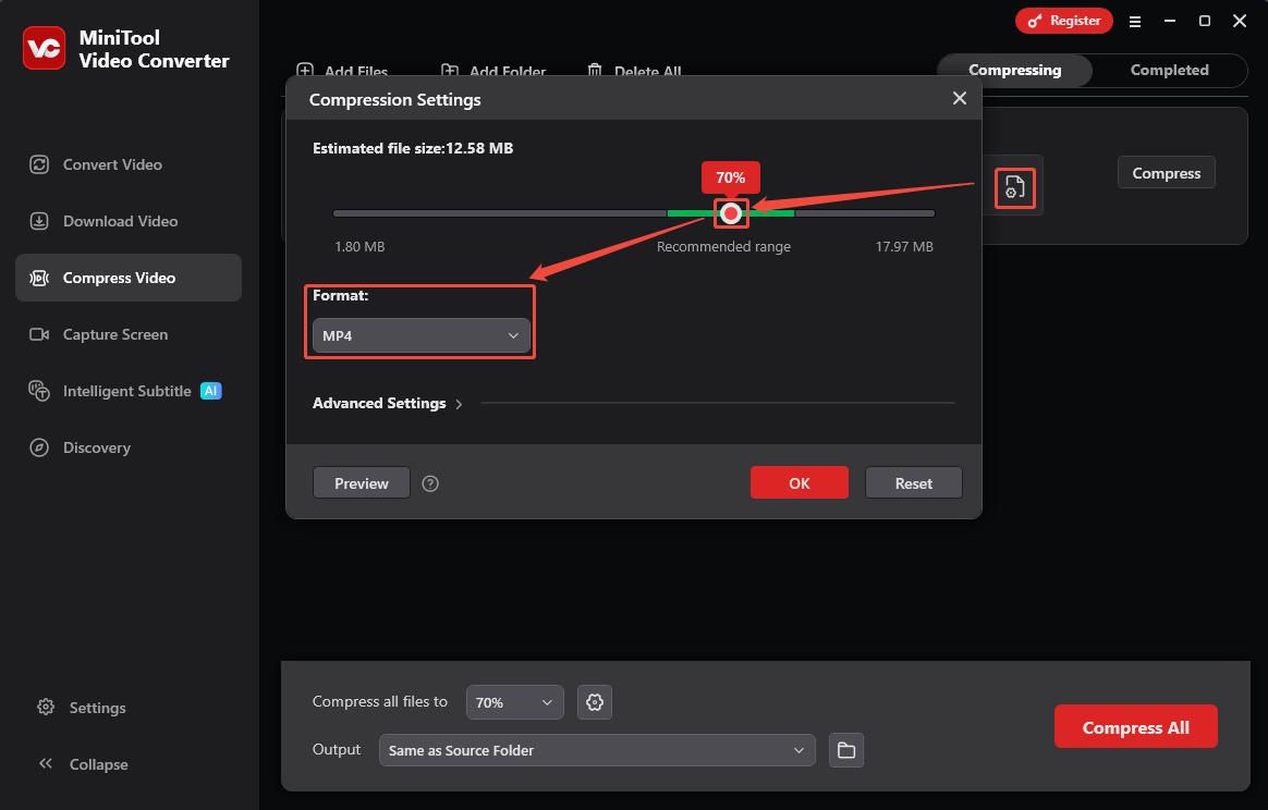 MiniTool Video Converter Compression Settings window showing how to set the compression level and output format.