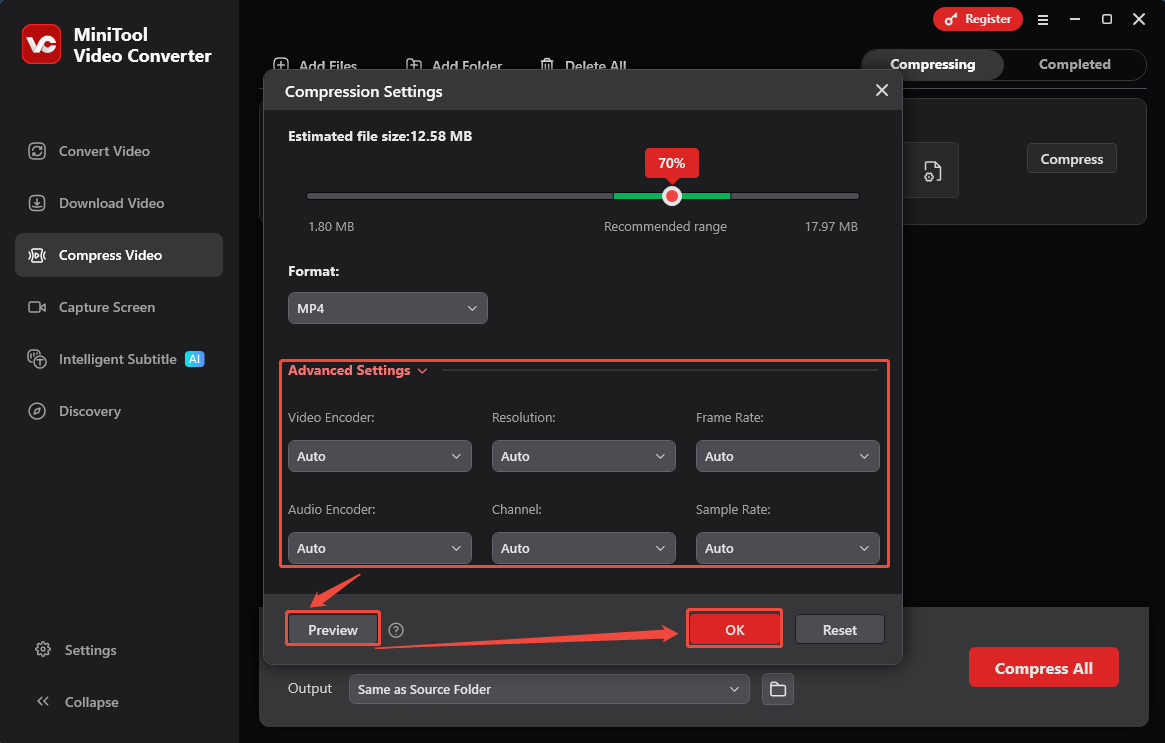 MiniTool Video Converter’s Compression Settings window showing how to customize the advanced options.