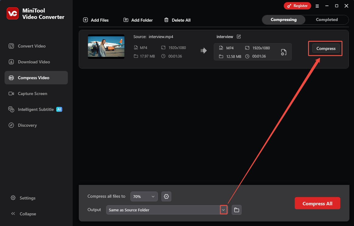 MiniTool Video Converter interface with the Output option and the Compress option selected.