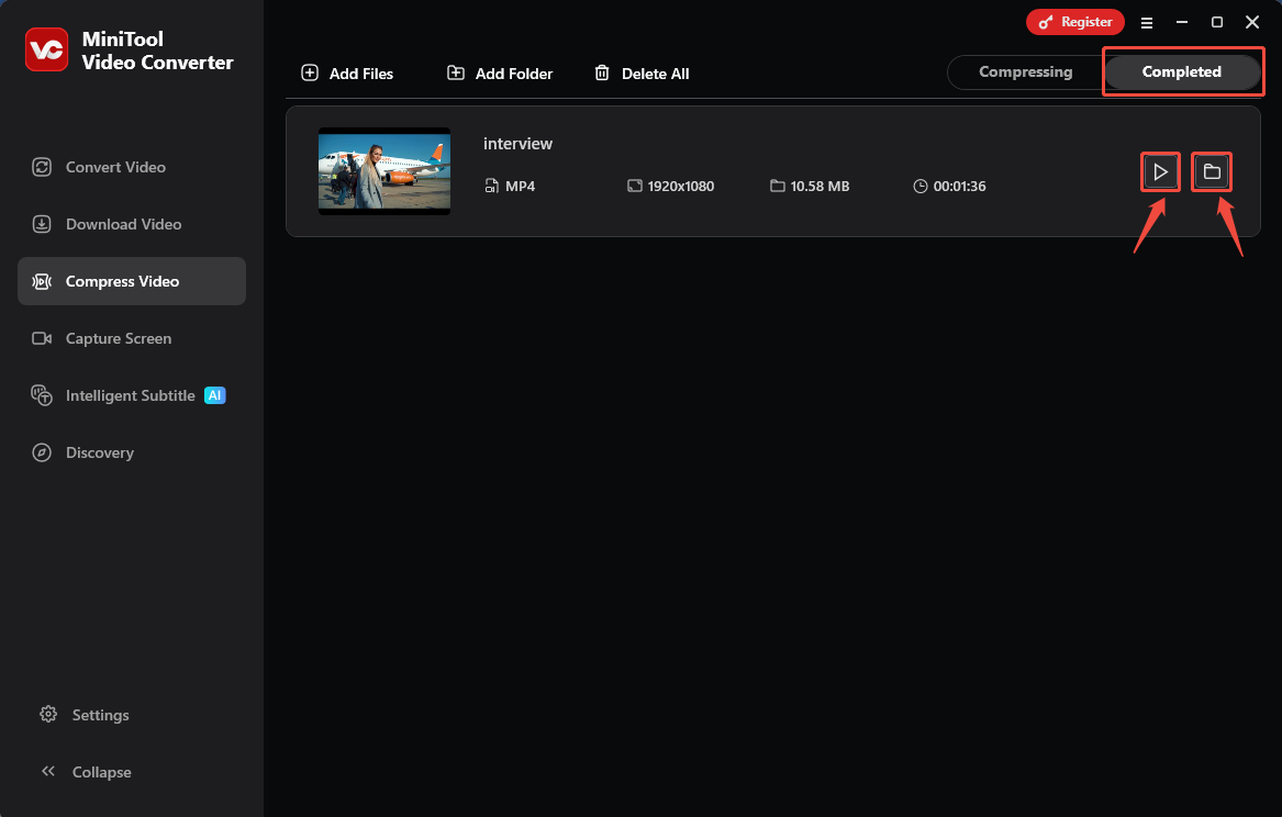 MiniTool Video Converter Compress Video interface with the Play icon and the Folder icon selected under the Completed tab.